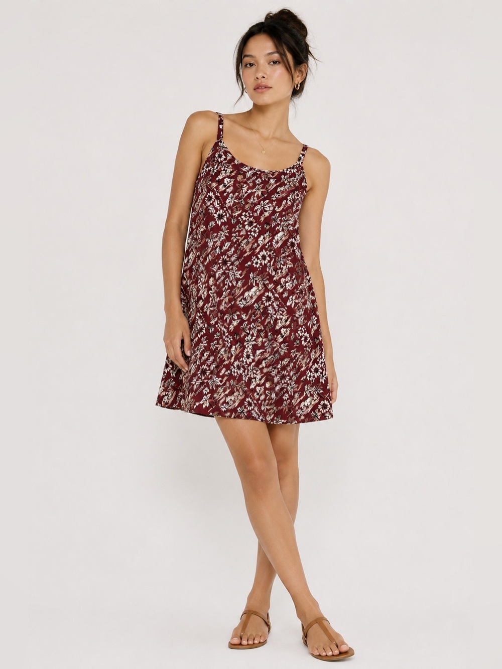 Vintage Iolani Hawaii Slip Dress Tropical Palm Floral Maroon Women’s S